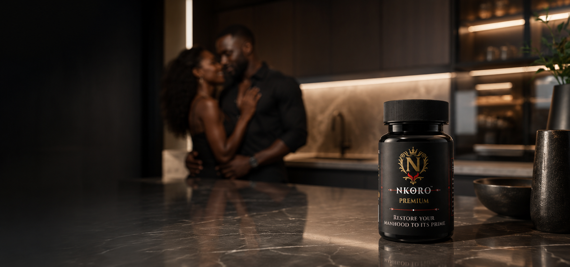 a black man and woman silhouette in the background in a beautiful home kitchen with a bottle of Nkoro Premium in the image