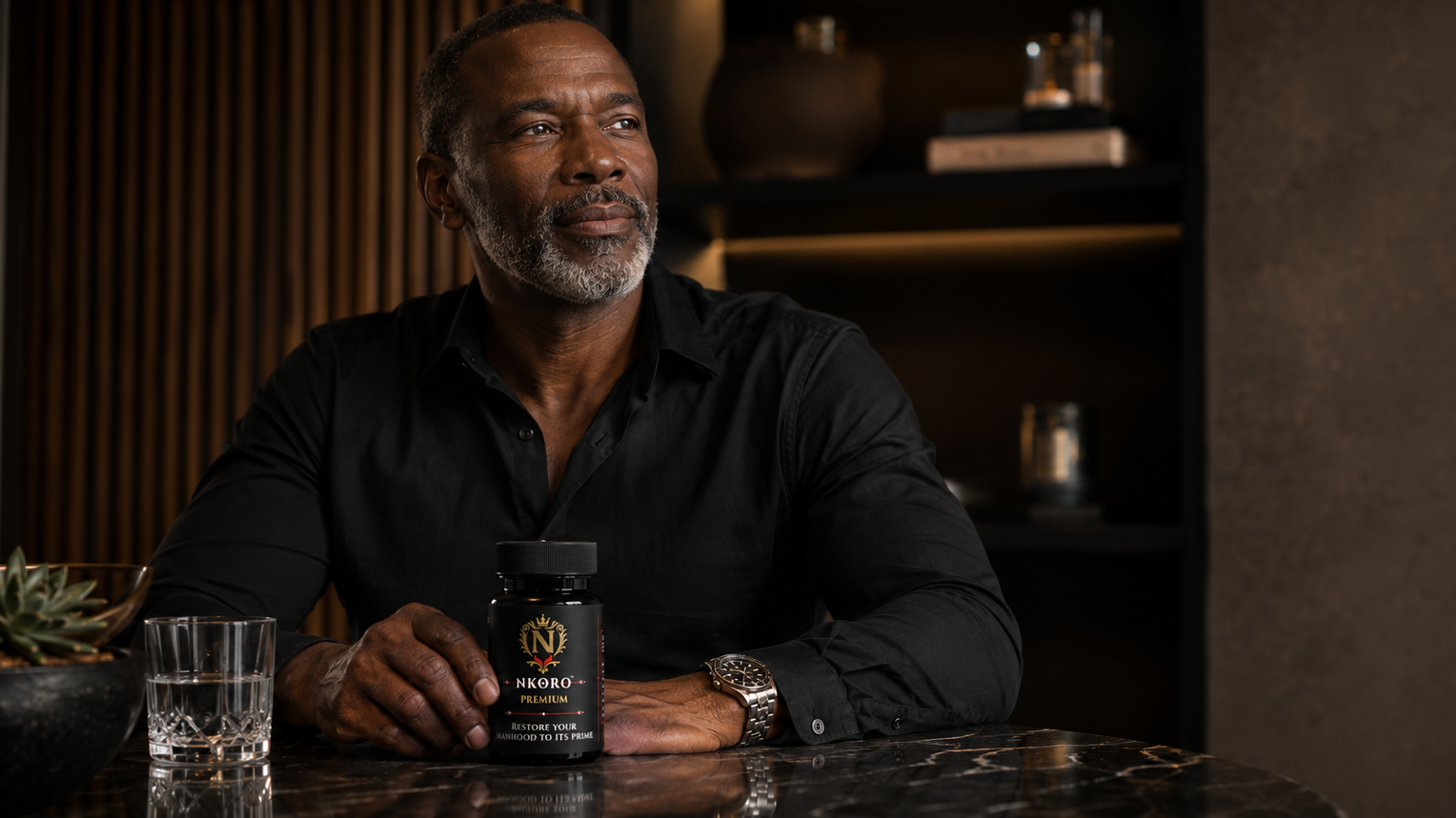 A man in a black shirt sits at a dark table holding a bottle of Men's Health supplements in a dimly lit, modern interior setting.
