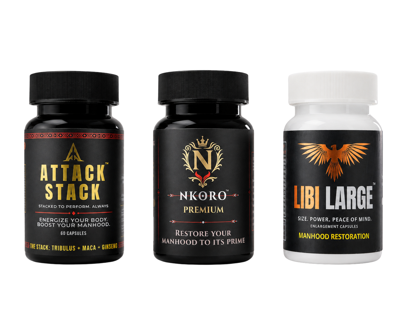 Attack Stack, Nkoro Premium and Libi Large supplement bottles